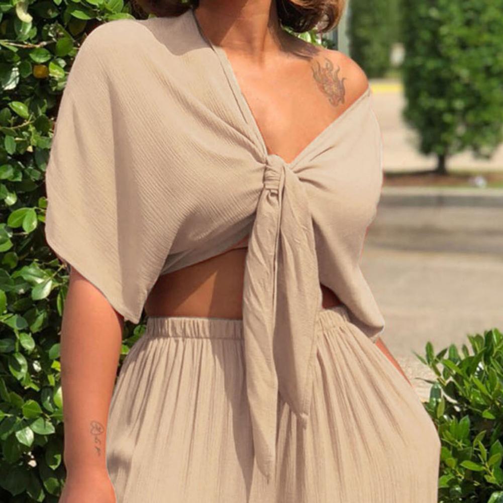 Summer Lace Up Crop Top Short Sleeve Wide Leg Pants Set Two Piece Set Women Elegant Tracksuit Matching Set Outfits