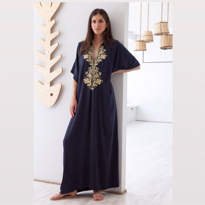 2023 Sexy Cold Shoulder V Neck Bats Sleeve Loose Summer Beach Dress Plus Size Women Beachwear Kaftan Black Dresses Q943