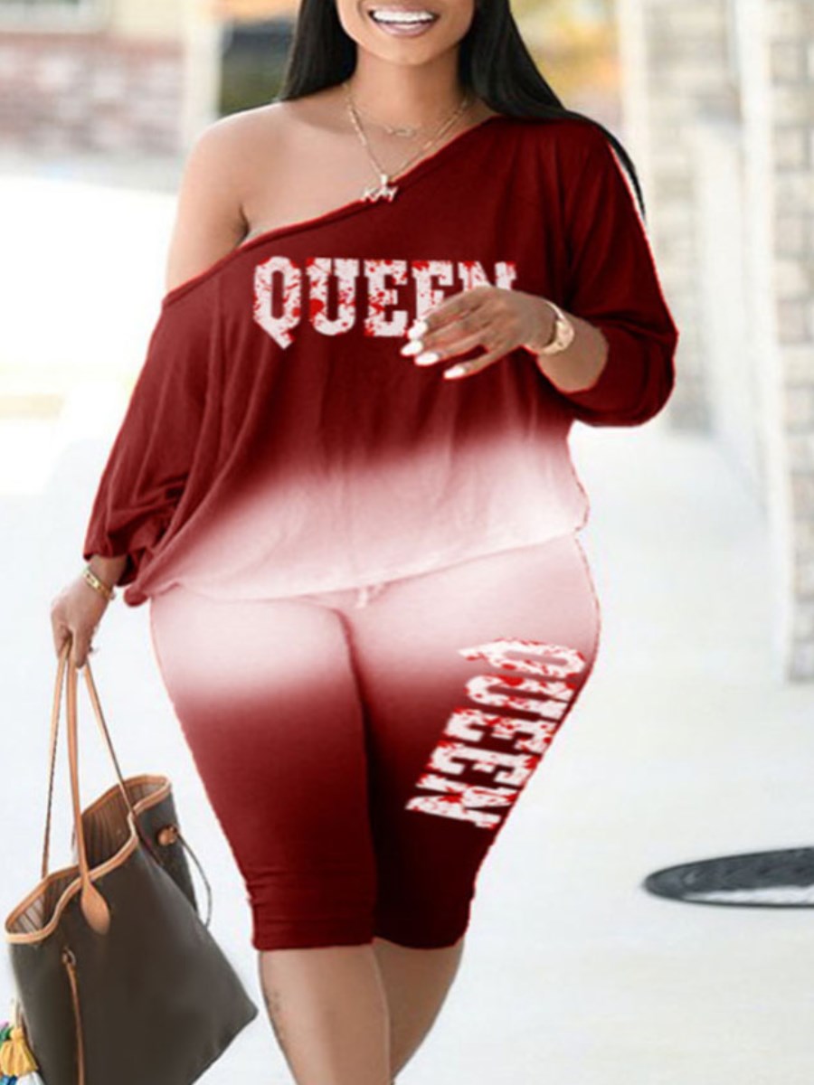 LW Plus Size Queen Pink Gradient Letter Print Pants Set One Shoulder Tee And Sheath Stretch Trousers Matching Outfits For Women