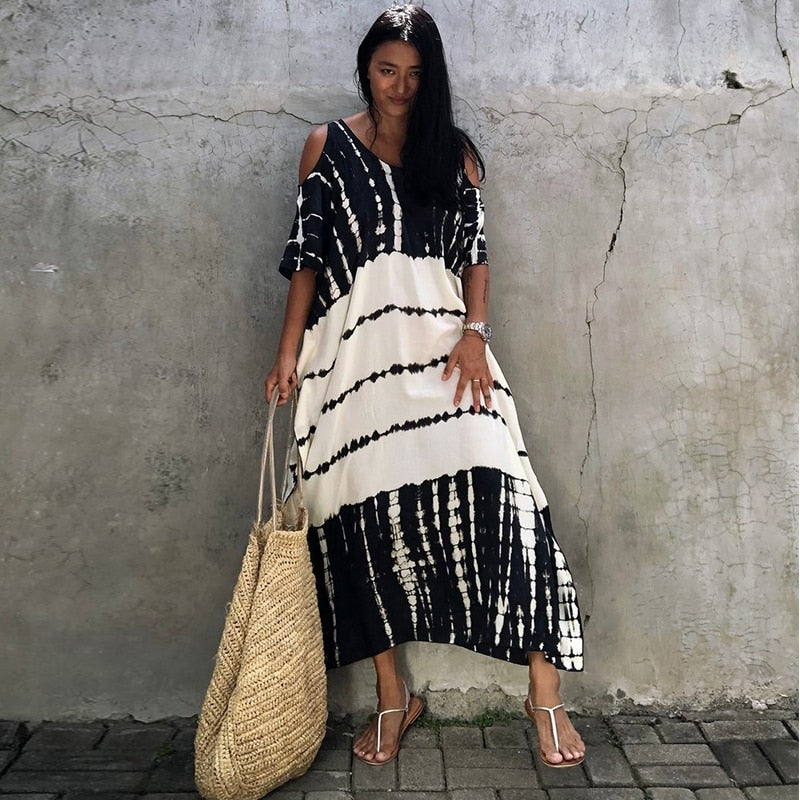 2023 Sexy Cold Shoulder V Neck Bats Sleeve Loose Summer Beach Dress Plus Size Women Beachwear Kaftan Black Dresses Q943