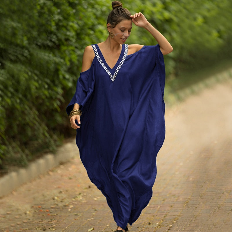 2023 Sexy Cold Shoulder V Neck Bats Sleeve Loose Summer Beach Dress Plus Size Women Beachwear Kaftan Black Dresses Q943