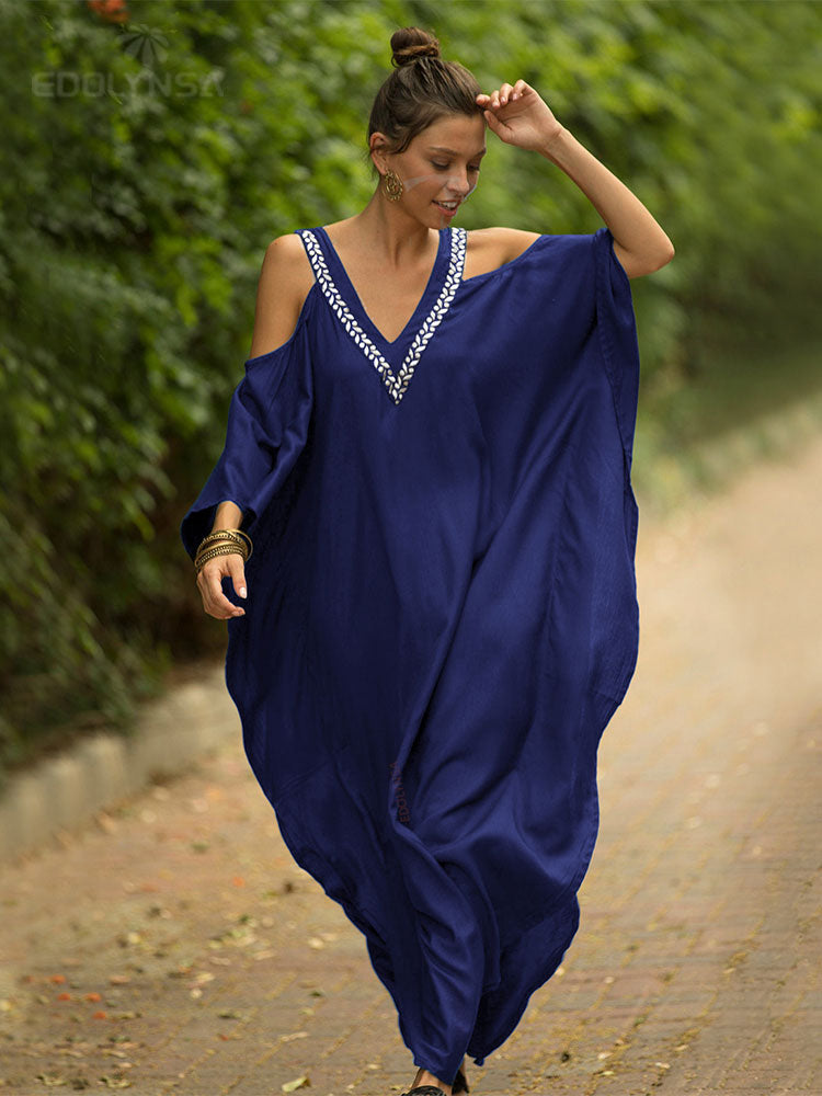 2023 Sexy Cold Shoulder V Neck Bats Sleeve Loose Summer Beach Dress Plus Size Women Beachwear Kaftan Black Dresses Q943