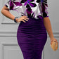 LW Purple Floral Print Boat Neck Ruched Bodycon Body-shipping Stretchy Short Sleeve Knee Length Pencil Dress