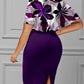 LW Purple Floral Print Boat Neck Ruched Bodycon Body-shipping Stretchy Short Sleeve Knee Length Pencil Dress