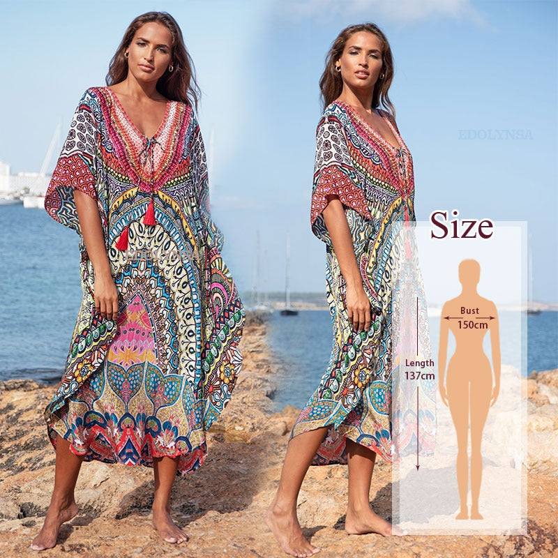 2023 Sexy Cold Shoulder V Neck Bats Sleeve Loose Summer Beach Dress Plus Size Women Beachwear Kaftan Black Dresses Q943