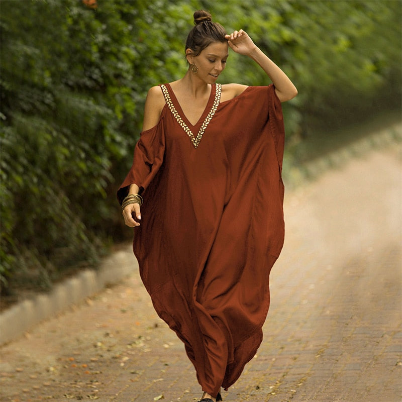 2023 Sexy Cold Shoulder V Neck Bats Sleeve Loose Summer Beach Dress Plus Size Women Beachwear Kaftan Black Dresses Q943