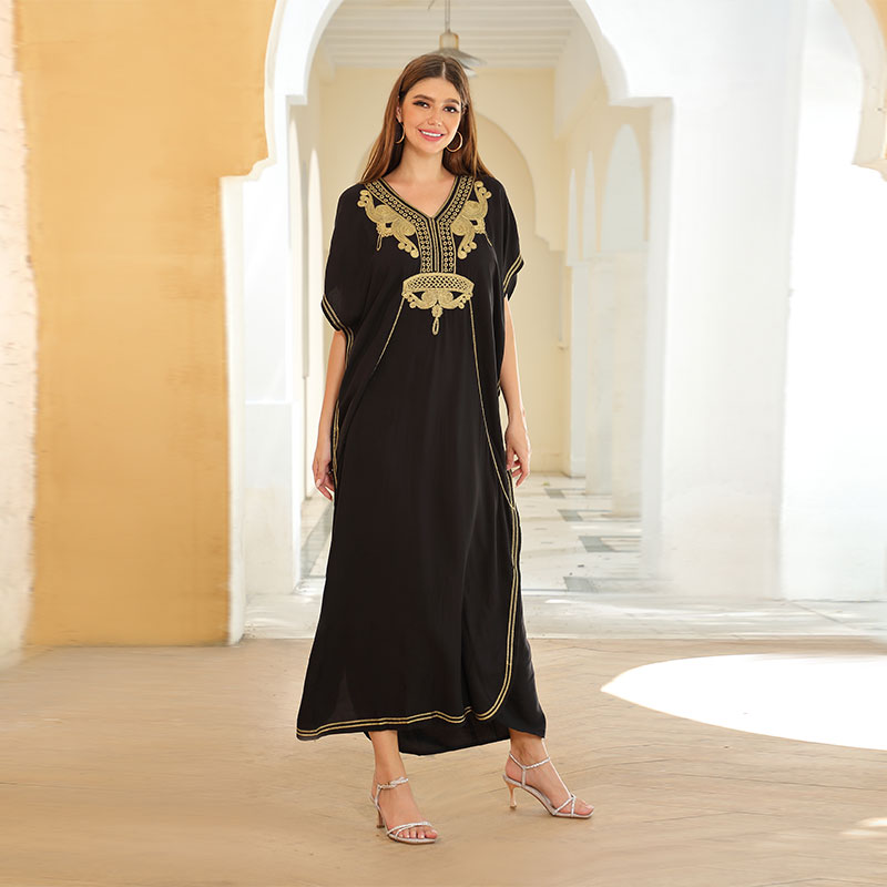 2023 Sexy Cold Shoulder V Neck Bats Sleeve Loose Summer Beach Dress Plus Size Women Beachwear Kaftan Black Dresses Q943