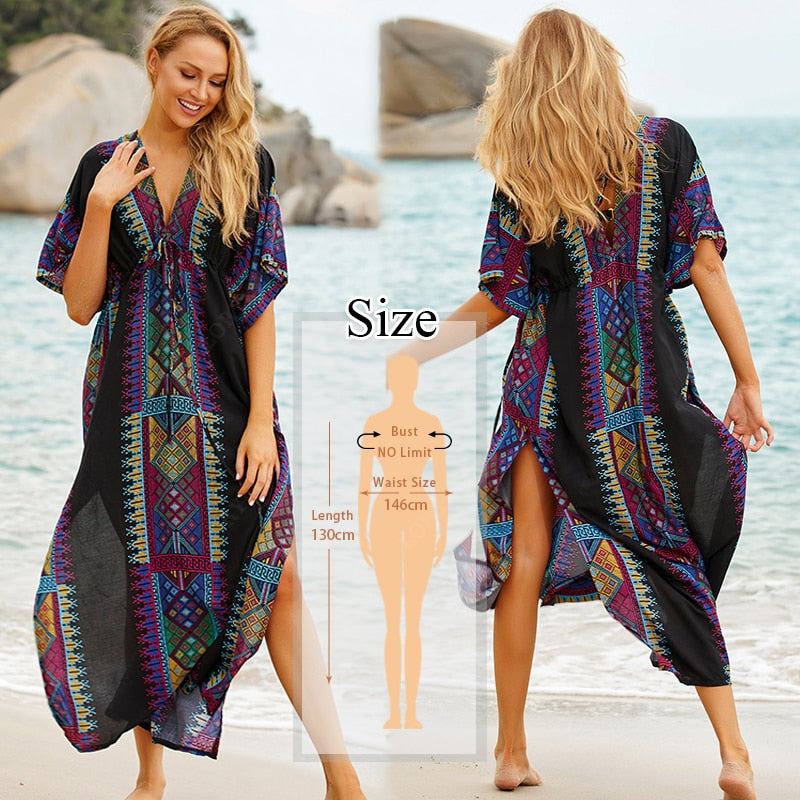 2023 Sexy Cold Shoulder V Neck Bats Sleeve Loose Summer Beach Dress Plus Size Women Beachwear Kaftan Black Dresses Q943