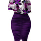 LW Purple Floral Print Boat Neck Ruched Bodycon Body-shipping Stretchy Short Sleeve Knee Length Pencil Dress