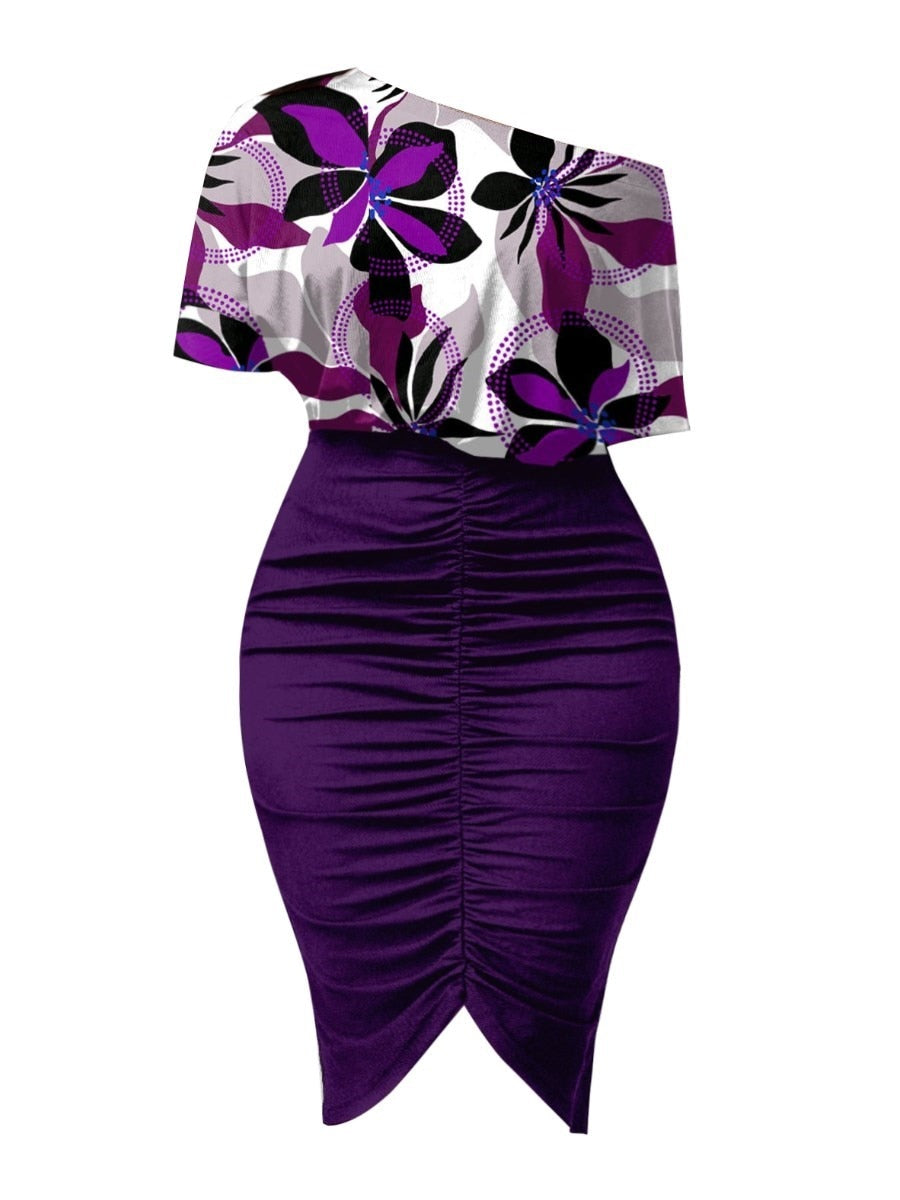 LW Purple Floral Print Boat Neck Ruched Bodycon Body-shipping Stretchy Short Sleeve Knee Length Pencil Dress