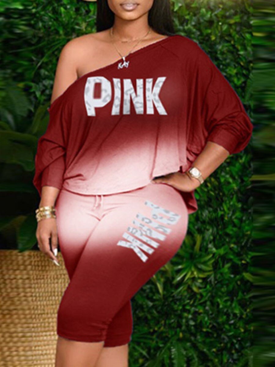 LW Plus Size Queen Pink Gradient Letter Print Pants Set One Shoulder Tee And Sheath Stretch Trousers Matching Outfits For Women