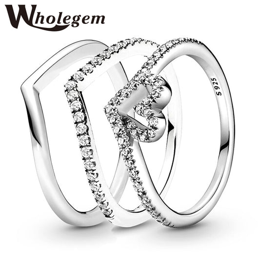 WHOLEGEM Trendy Crown Love Heart Wedding Rings Fashion Romantic Bright Zircon Charm Women Engagement Party Jewelry Couple Gifts