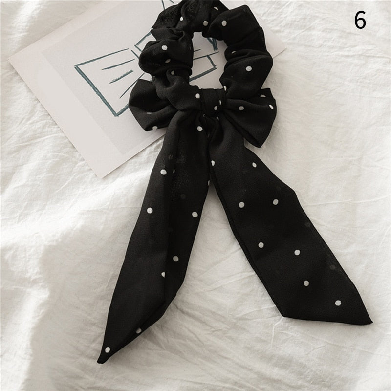 2022 Bohemian Polka Dot Floral Printed Bow Hair Scrunchies  Women Elastic Hair Band Ponytail Scarf Ribbon Hair Ties Accesories