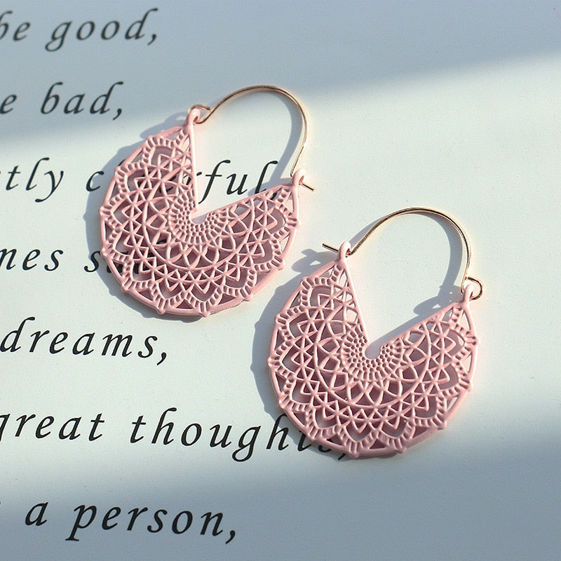 Ethnic Summer Hollow Pink Earrings Flower Boho Jewelry For Women Korean Retro Corful Copper Dangle Earrings Bijoux