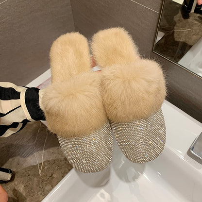 Big Size Women Slippers Ladies House Luxury 2022 Rhinestone Rabbit Fur Crystal Winter Home Female Outdoor Mules Flats Shoes