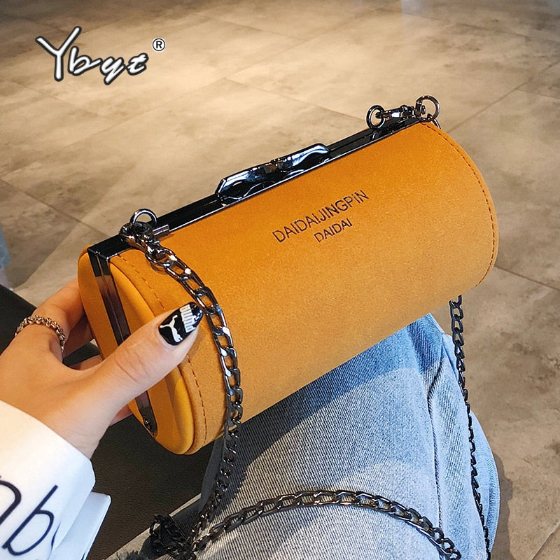 YBYT 2020 fashion round mini crossbody bags for women nubuck PU leather lady cylinder handbags hotsale chain girls shoulder bag