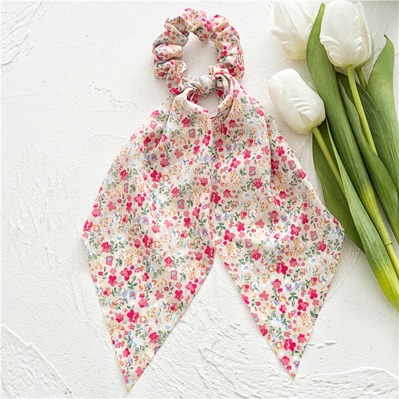 2022 Bohemian Polka Dot Floral Printed Bow Hair Scrunchies  Women Elastic Hair Band Ponytail Scarf Ribbon Hair Ties Accesories