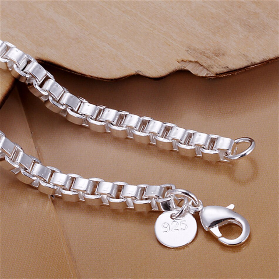 DOTEFFIL 925 Sterling Silver 4mm Square Box Chain 8 inches Bracelet For Woman Charm Wedding Engagement Fashion Party Jewelry