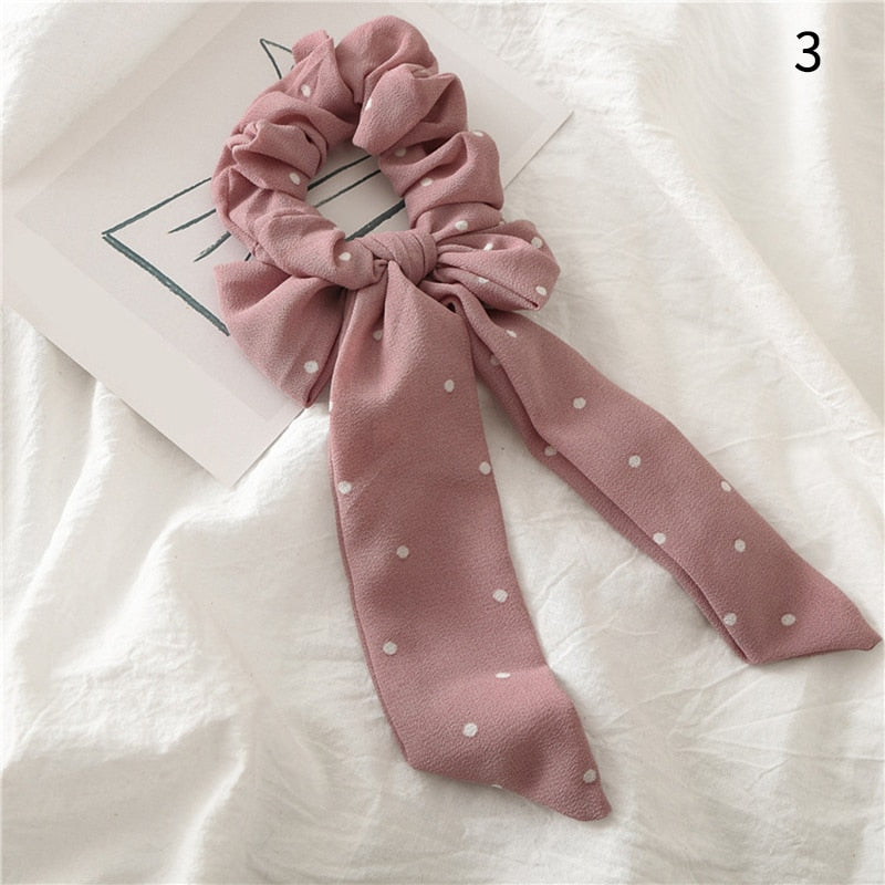 2022 Bohemian Polka Dot Floral Printed Bow Hair Scrunchies  Women Elastic Hair Band Ponytail Scarf Ribbon Hair Ties Accesories