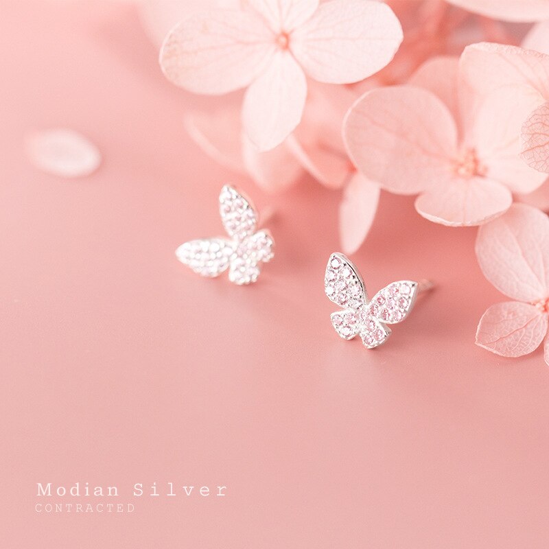 MODIAN Real 925 Sterling Silver Pink Crystals Cute Butterfly Stud Earring for Women Anti-Allergy Ear Pin Fine Jewelry Kids Gift