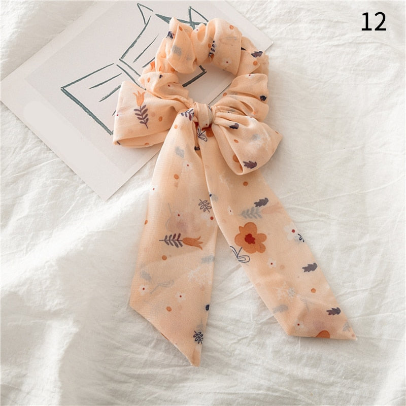 2022 Bohemian Polka Dot Floral Printed Bow Hair Scrunchies  Women Elastic Hair Band Ponytail Scarf Ribbon Hair Ties Accesories