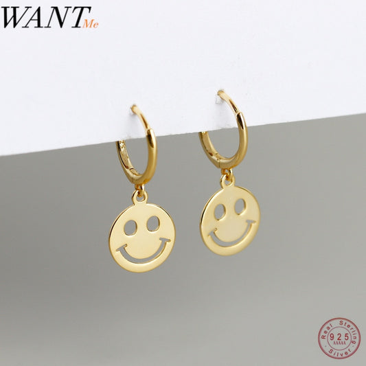 WANTME Fashion Real 100% 925 Sterling Silver Minimalism Happy Smiley Round Tassel Stud Earrings for Women Party Accessories Gift