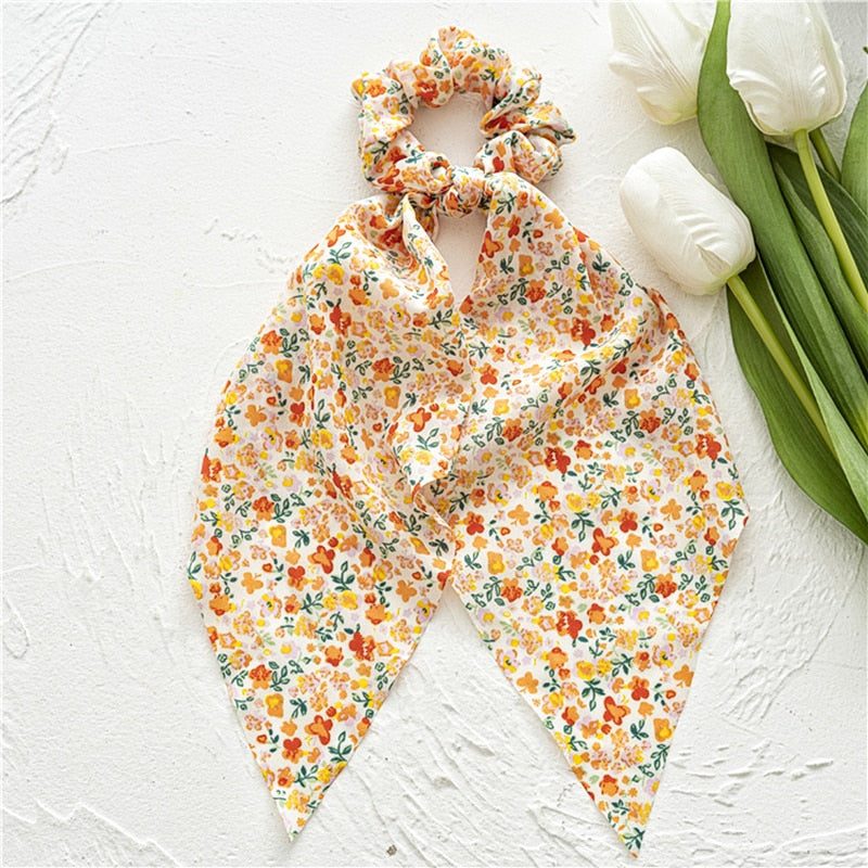 2022 Bohemian Polka Dot Floral Printed Bow Hair Scrunchies  Women Elastic Hair Band Ponytail Scarf Ribbon Hair Ties Accesories