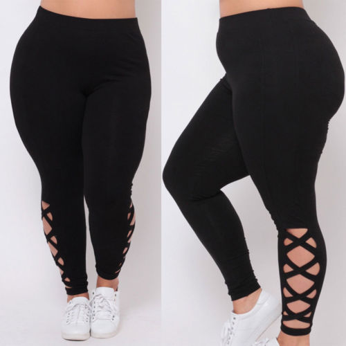 Plus Size Fashion Women Bandage Elastic Leggings Pure Criss-Cross Hollow Out Pants