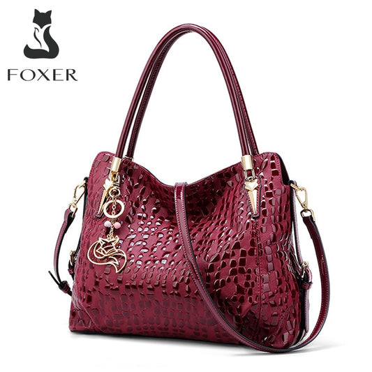 FOXER Brand Wine Red Women Purse Lady Genuine Leather Shoulder Bag Sequin Cowhide Chic Handbag Female Luxury Tote Large Capacity