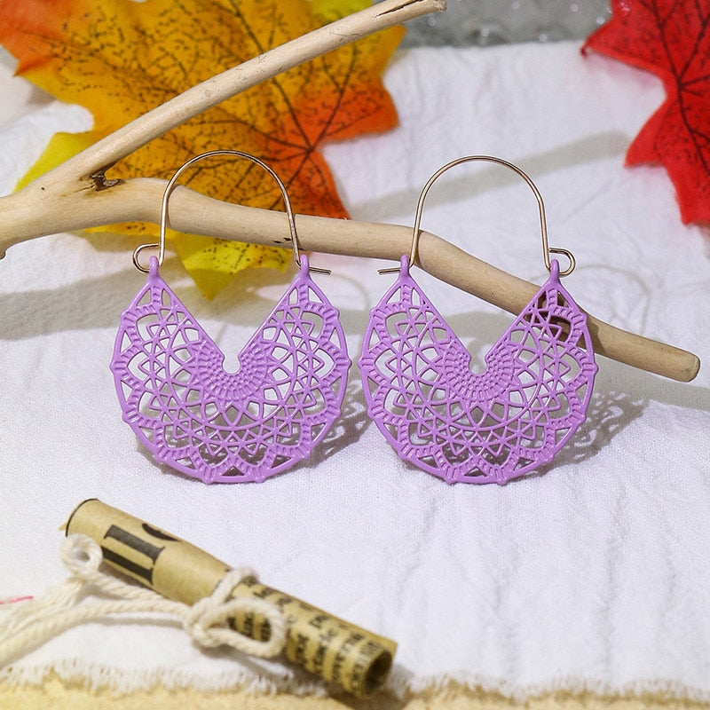 Ethnic Summer Hollow Pink Earrings Flower Boho Jewelry For Women Korean Retro Corful Copper Dangle Earrings Bijoux