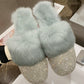 Big Size Women Slippers Ladies House Luxury 2022 Rhinestone Rabbit Fur Crystal Winter Home Female Outdoor Mules Flats Shoes