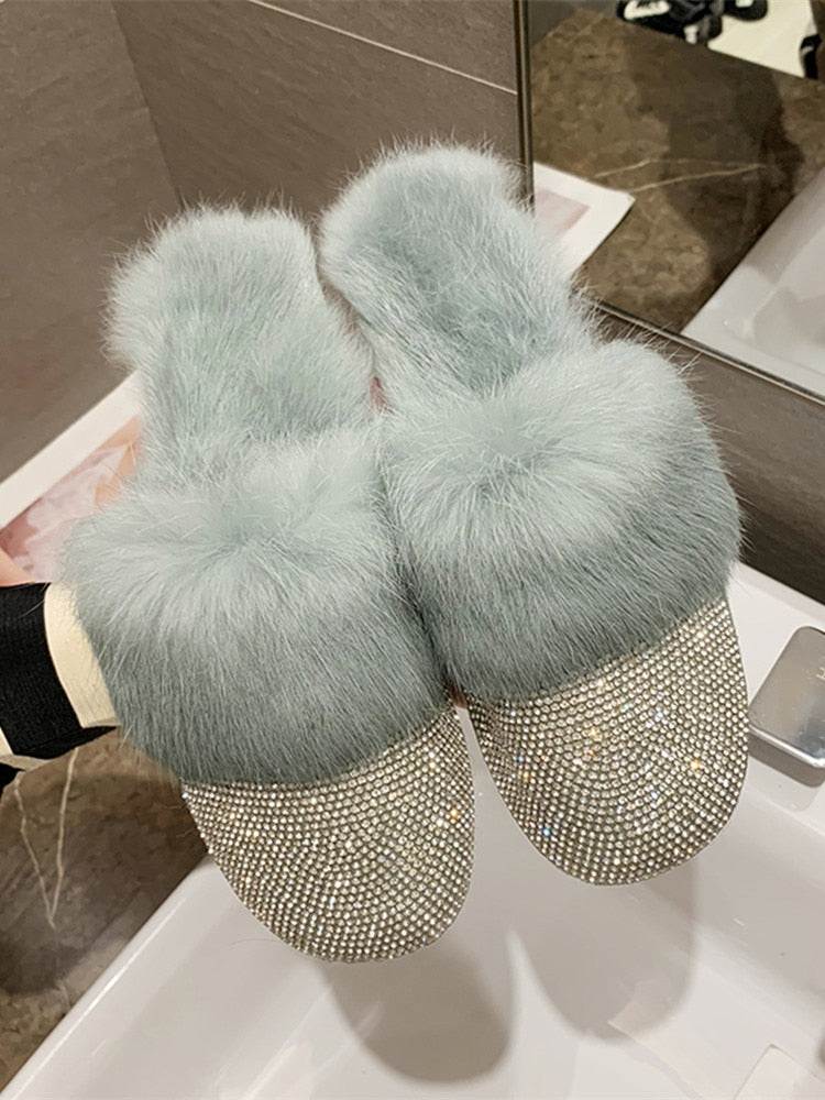 Big Size Women Slippers Ladies House Luxury 2022 Rhinestone Rabbit Fur Crystal Winter Home Female Outdoor Mules Flats Shoes