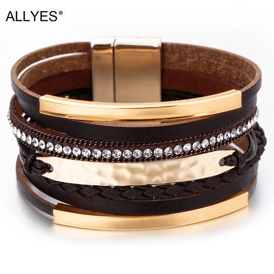 ALLYES Multilayer Leather Bracelet for Men Metal Bar Charm Black Braided Wide Wrap Man Bracelets &amp; Bangles Boho Punk Jewelry