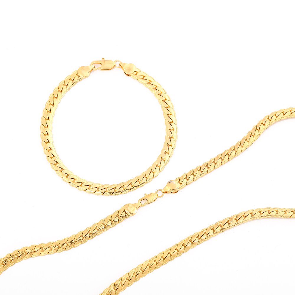 18K Gold GP Jewelry Sets For Man Women 5mm Sideways Link Chain Necklace Bracelet 2 pcs Set Male Jewellery Accesories Bijoux