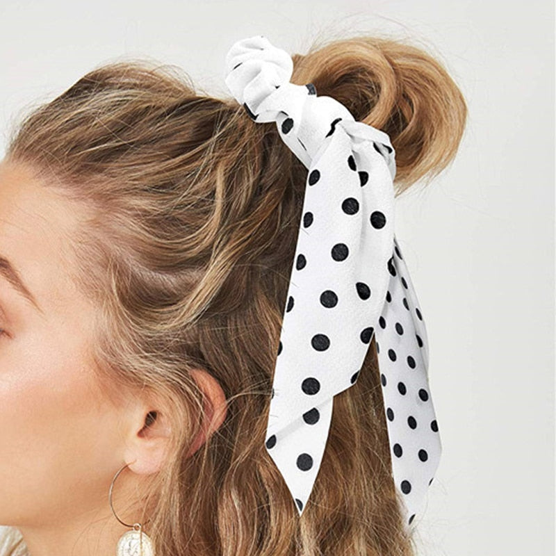 2022 Bohemian Polka Dot Floral Printed Bow Hair Scrunchies  Women Elastic Hair Band Ponytail Scarf Ribbon Hair Ties Accesories