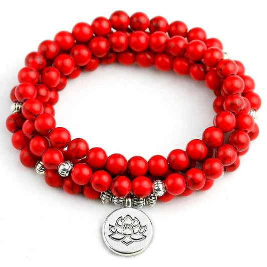 Woman Mala Necklace & bracelets Red Howlite Stone 6MM Beaded Yoga Bracelet Buddha Lotus 108 Beads Yoga Bracelets Jewelry