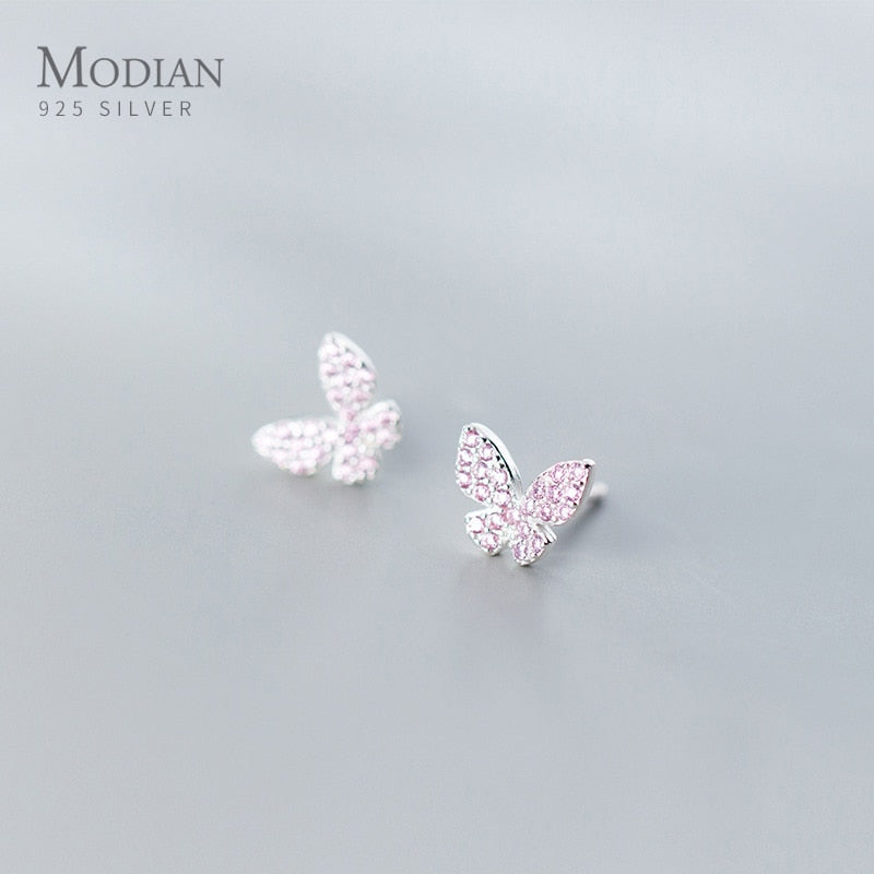 MODIAN Real 925 Sterling Silver Pink Crystals Cute Butterfly Stud Earring for Women Anti-Allergy Ear Pin Fine Jewelry Kids Gift