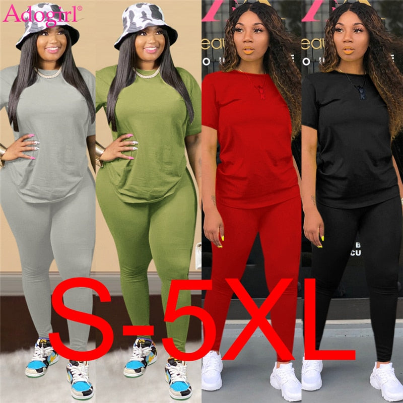 Adogir S-5XL Women Suit Fashion Casual Two Piece Set Tracksuit Short Sleeve T Shirt Top Leggings Pants Sportswear