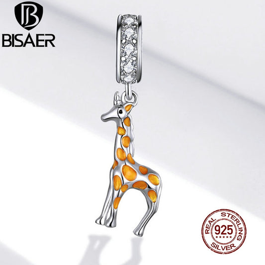 BISAER Animal Giraffe Dangle Charm 925 Sterling Silver Enamel CZ Beads Pendant DIY Original Bracelets Necklace Jewelry EFC258