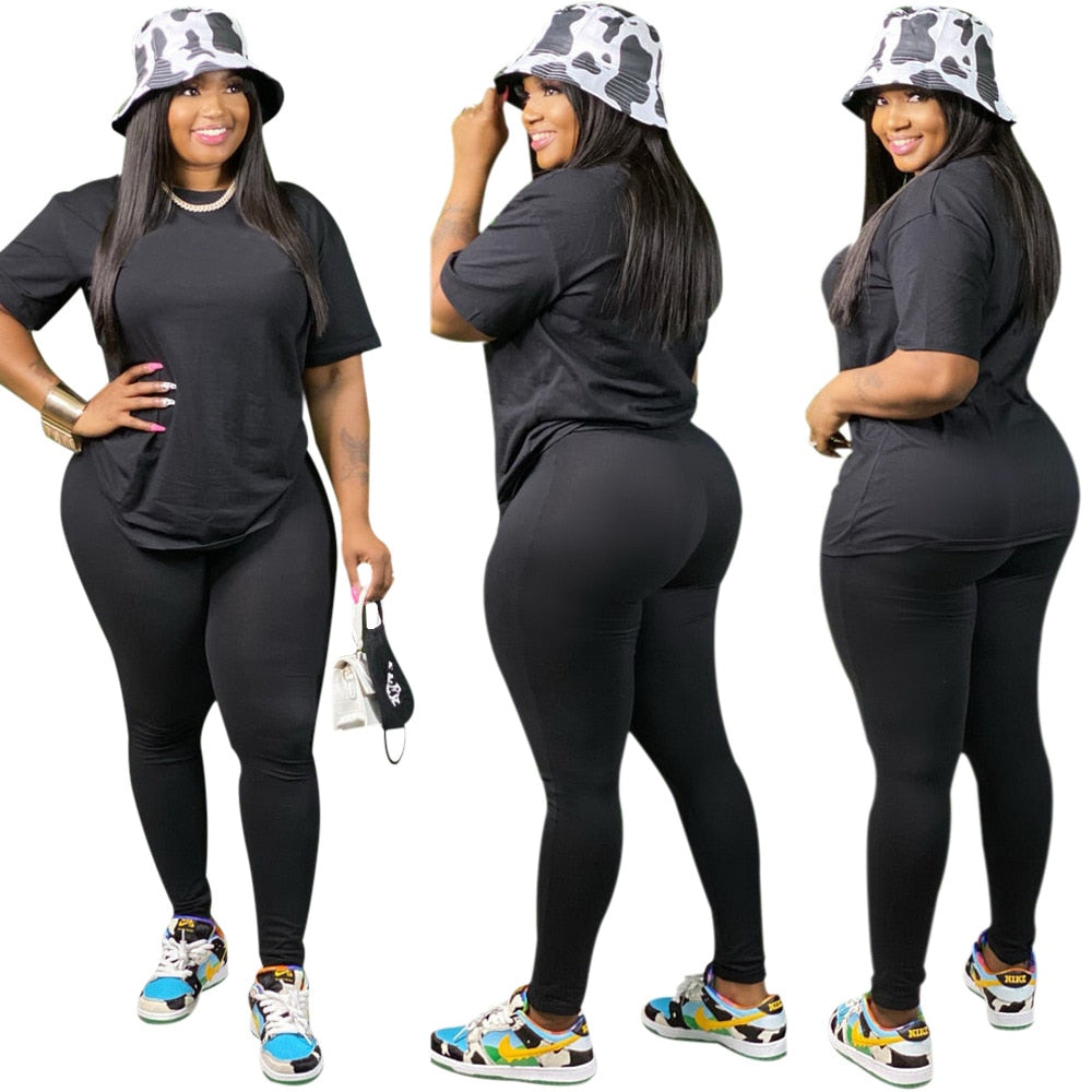 Adogir S-5XL Women Suit Fashion Casual Two Piece Set Tracksuit Short Sleeve T Shirt Top Leggings Pants Sportswear