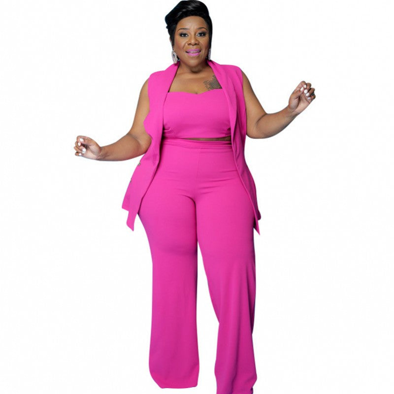 4XL Plus Size Women Sets Long Jacket Tops With Tank Pants 3 Piece Outfits Fashion New Solid Oversize Office Lady Pant Suits 2021