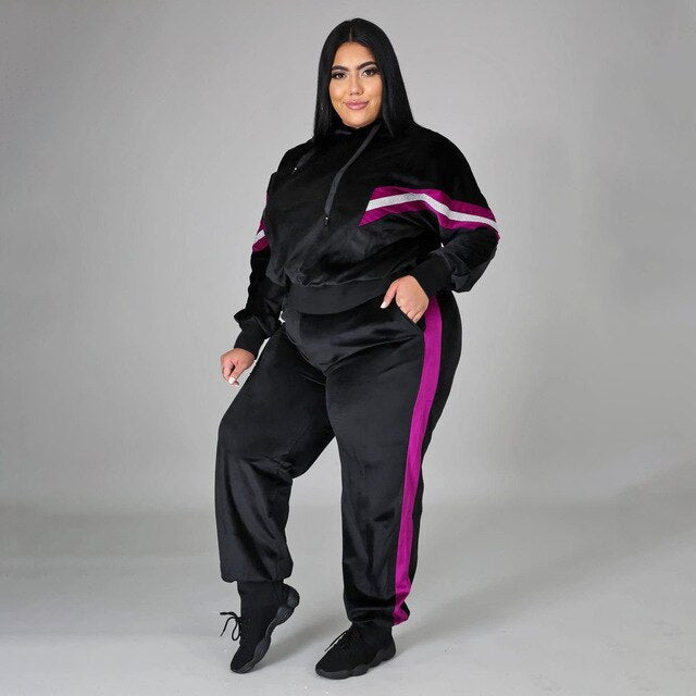 HAOOHU Winter Velvet 2 Piece Set Big Women Oversized Sweatshirts Hoodie Pants Leggings Tracksuit Sweatsuit Outfits Plus Size 4XL