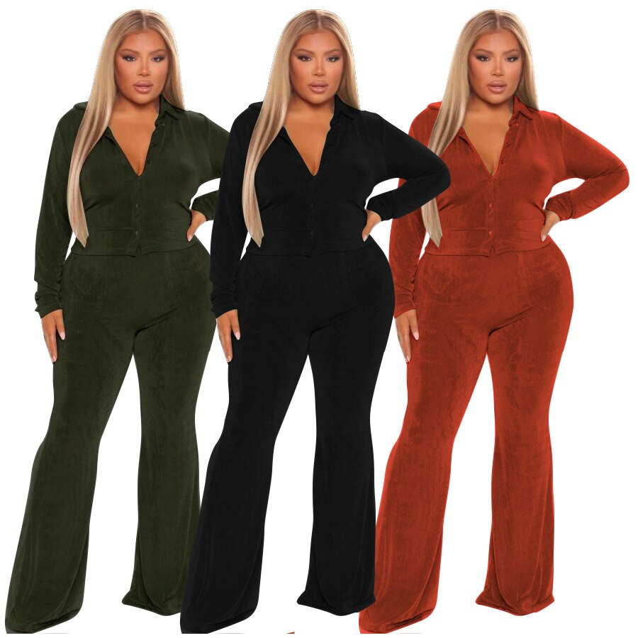 2 Piece Plus Size Women's Clothing Autumn Winter Velvet Solid Sexy Two-piece Set Long Sleeve Shirts Straight Pants Casual Outfit