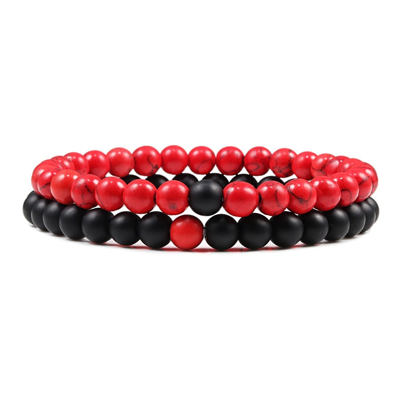 1-2PCS Beaded Bracelets Bangles Set Natural Lava Stone Couples Distance Energy Elastic Rope Men Women Best Friend Jewelry Gift