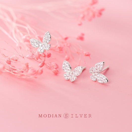 MODIAN Real 925 Sterling Silver Pink Crystals Cute Butterfly Stud Earring for Women Anti-Allergy Ear Pin Fine Jewelry Kids Gift