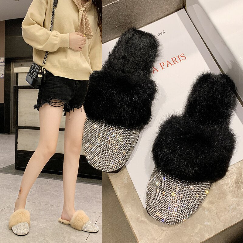 Big Size Women Slippers Ladies House Luxury 2022 Rhinestone Rabbit Fur Crystal Winter Home Female Outdoor Mules Flats Shoes