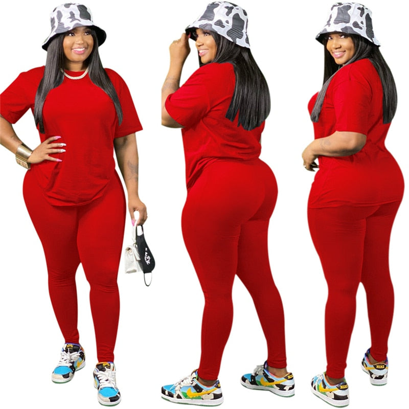 Adogir S-5XL Women Suit Fashion Casual Two Piece Set Tracksuit Short Sleeve T Shirt Top Leggings Pants Sportswear