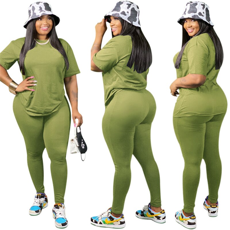 Adogir S-5XL Women Suit Fashion Casual Two Piece Set Tracksuit Short Sleeve T Shirt Top Leggings Pants Sportswear