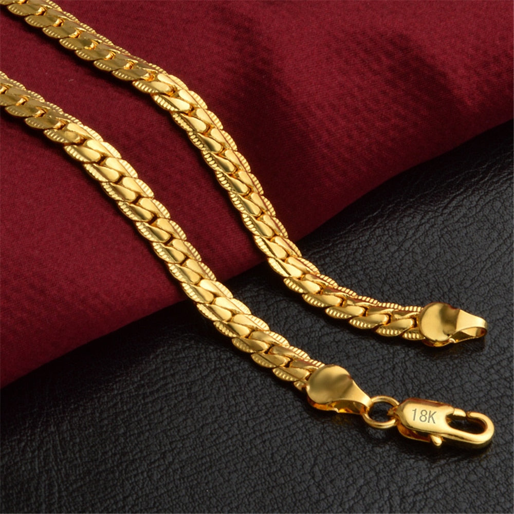 18K Gold GP Jewelry Sets For Man Women 5mm Sideways Link Chain Necklace Bracelet 2 pcs Set Male Jewellery Accesories Bijoux