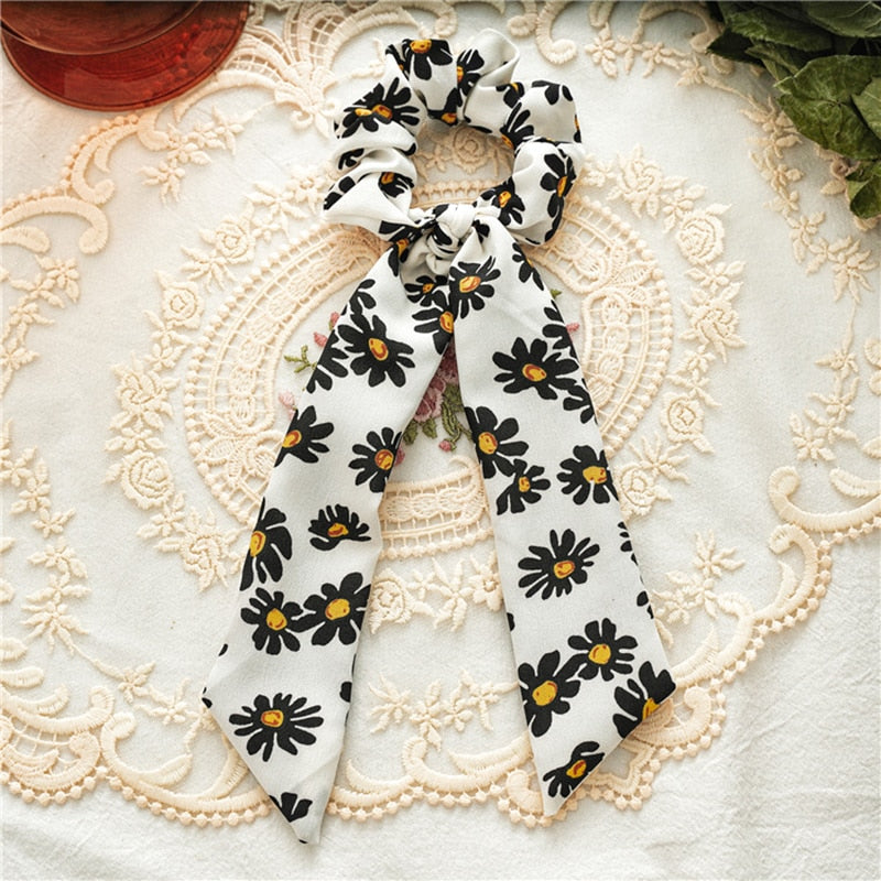 2022 Bohemian Polka Dot Floral Printed Bow Hair Scrunchies  Women Elastic Hair Band Ponytail Scarf Ribbon Hair Ties Accesories